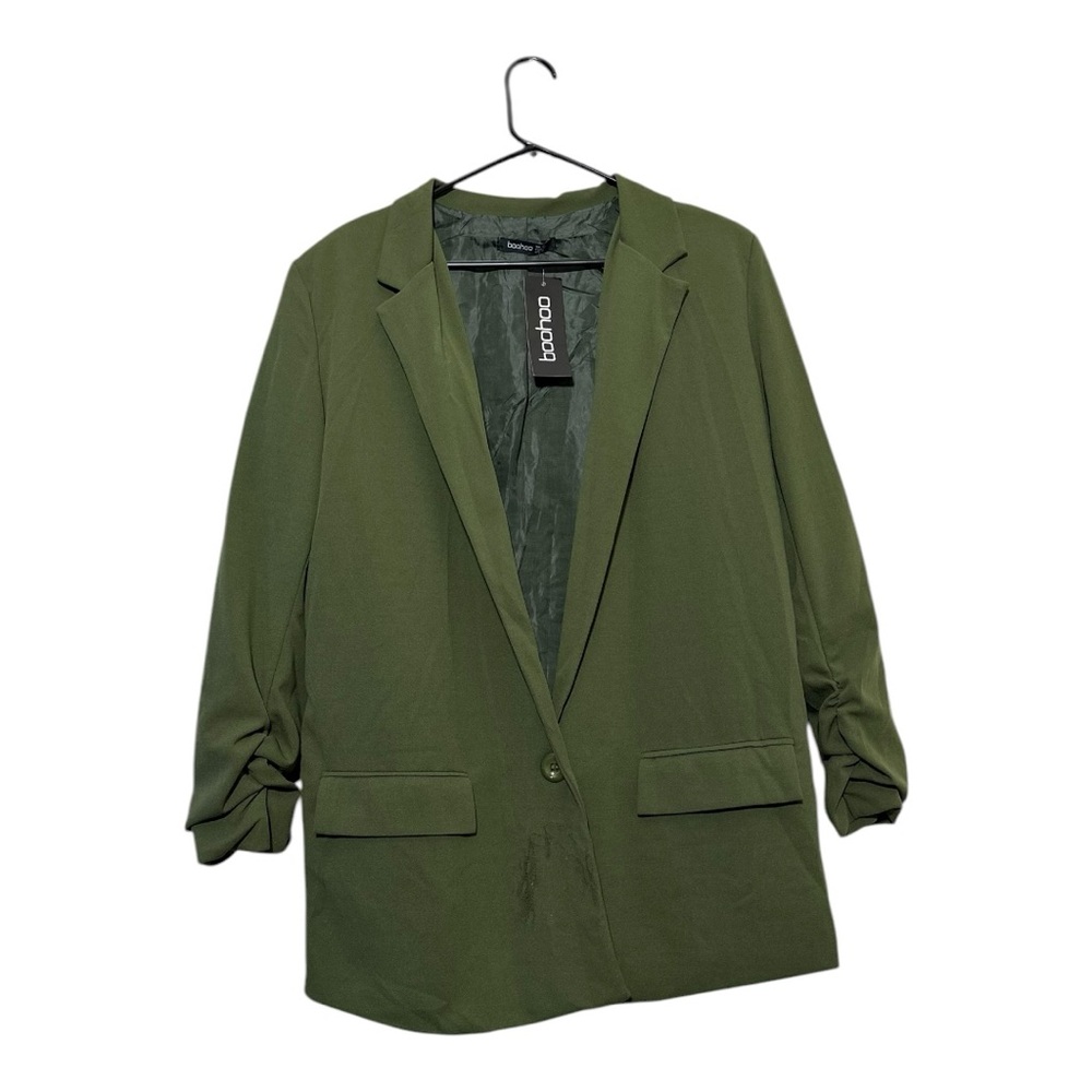 Boohoo‎ Ruched Sleeve Tailored Blazer Olive Green Khaki Women's US Size 10 NWT